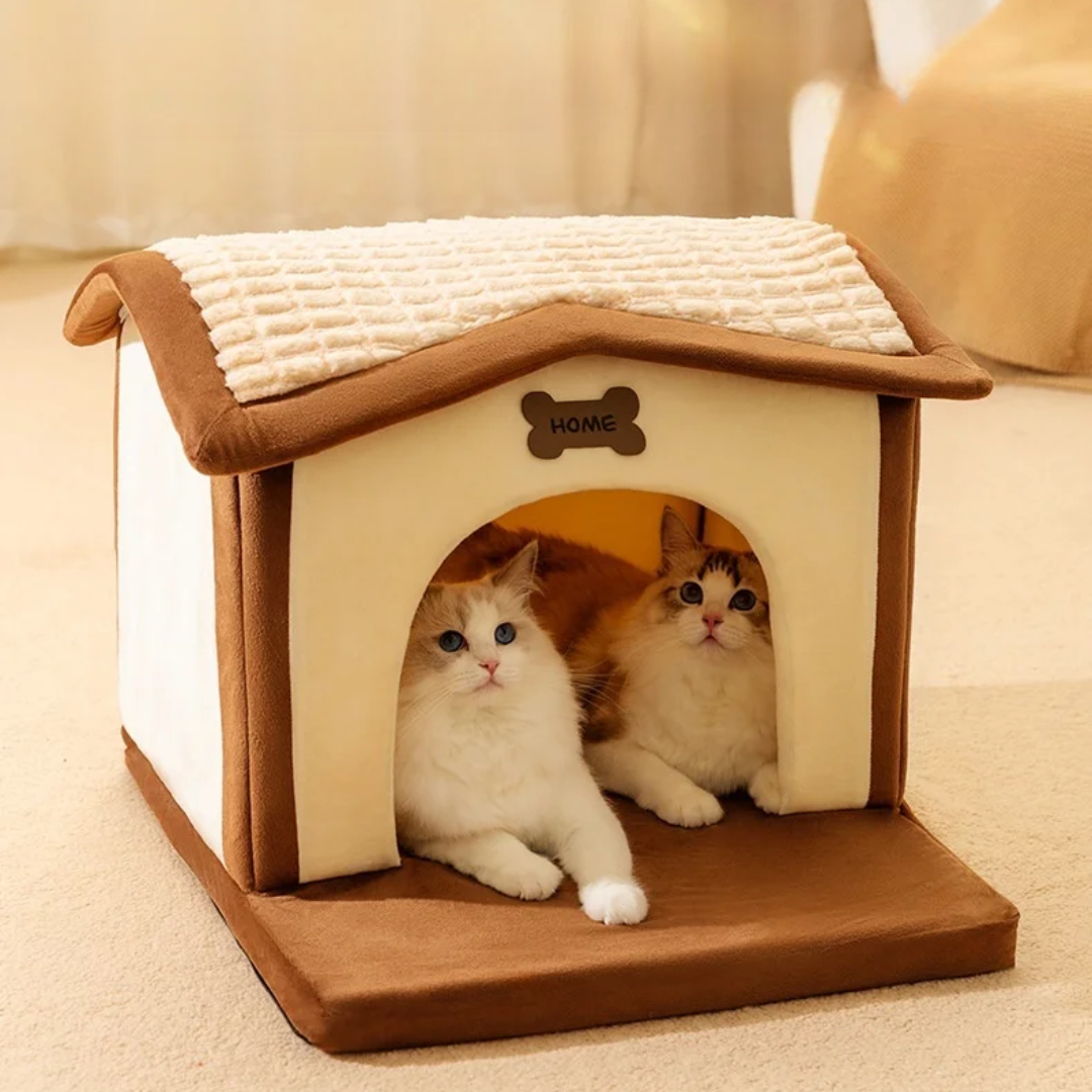 Pet House Bed with Collapsible Design – Cotton & Velvet – NestHaven™