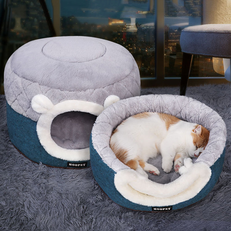 Pet Cave Bed with Removable Cushion in Blue & Gray – BearDen™