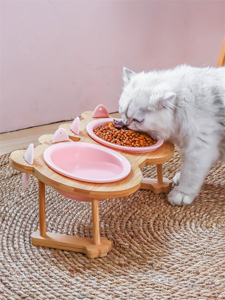Elevated Ceramic Cat Bowl with Bamboo Stand – Whisko™