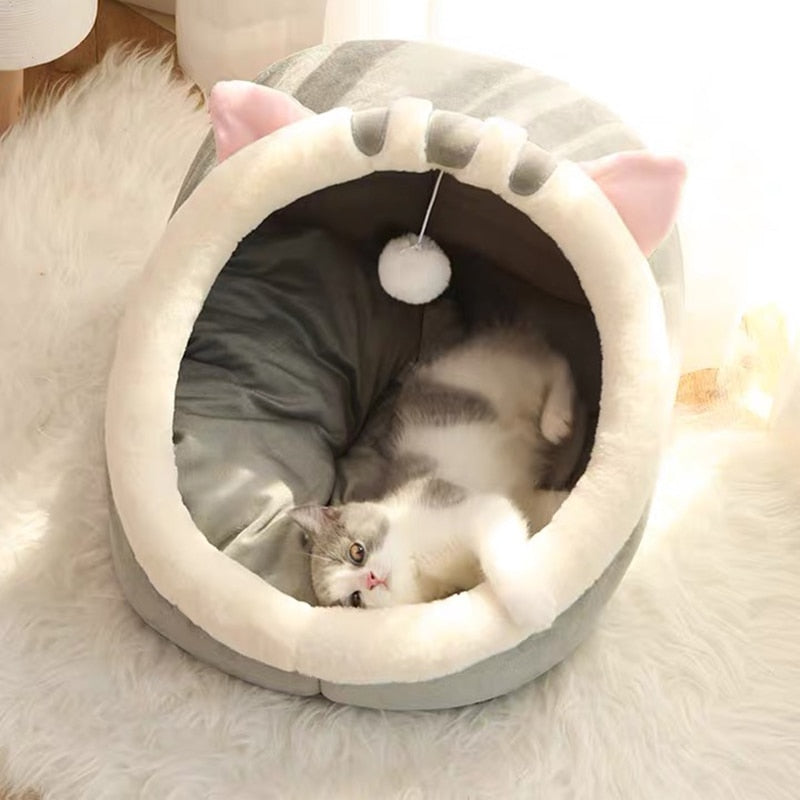Cave Pet Bed with Hanging Ball Toy – Wool & Cotton Animal Shapes – NestNook™