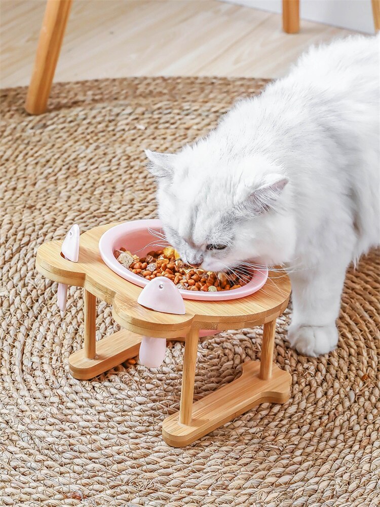 Elevated Ceramic Cat Bowl with Bamboo Stand – Whisko™