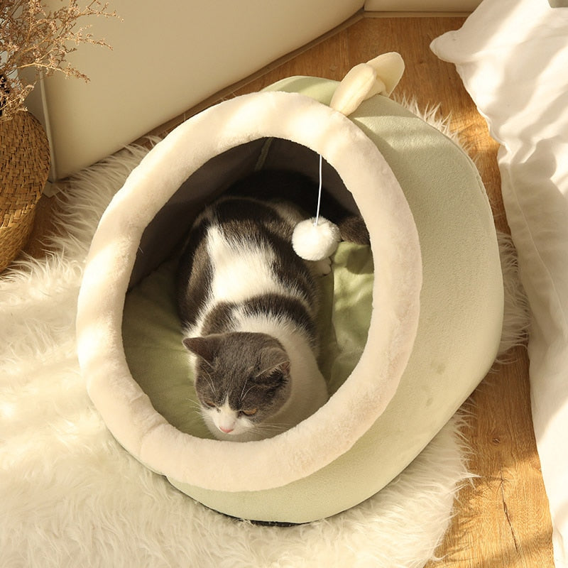 Cave Pet Bed with Hanging Ball Toy – Wool & Cotton Animal Shapes – NestNook™