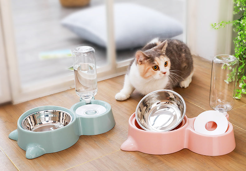 Double Cat Bowl with Attachable Water Bottle Reservoir – Kittly™