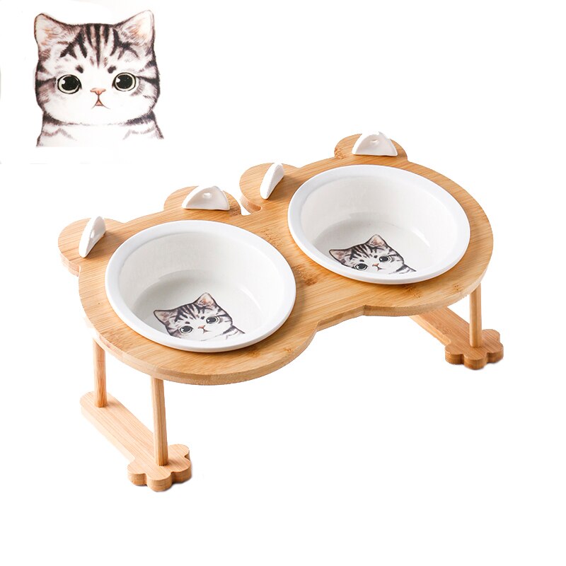 Elevated Ceramic Cat Bowl with Bamboo Stand – Whisko™