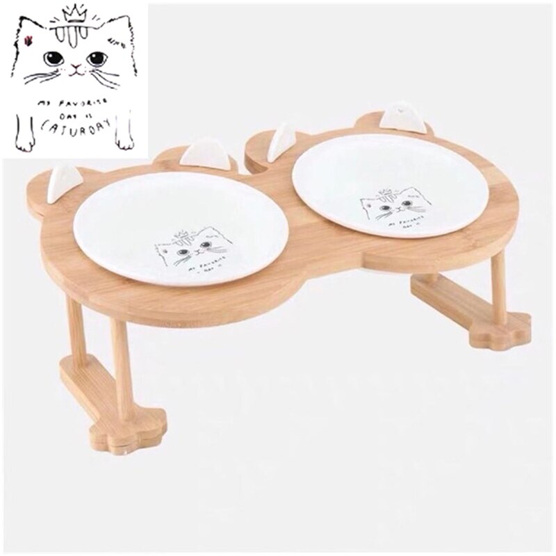 Elevated Ceramic Cat Bowl with Bamboo Stand – Whisko™