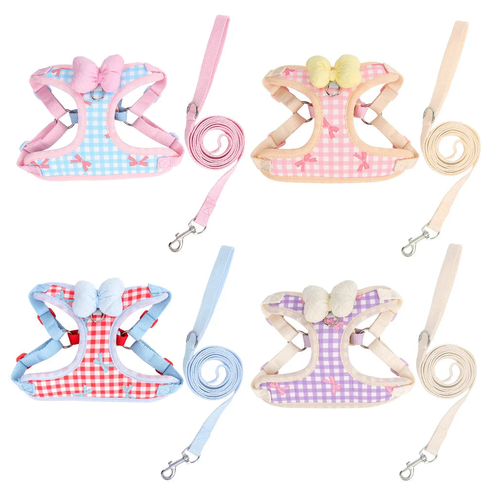 Plaid Bow Print Cotton Collar & Leash Set for Dogs – Chexlo™