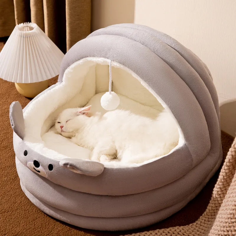 Cotton Cave Pet Bed with Non-Slip Base & Hanging Ball – Nestora™