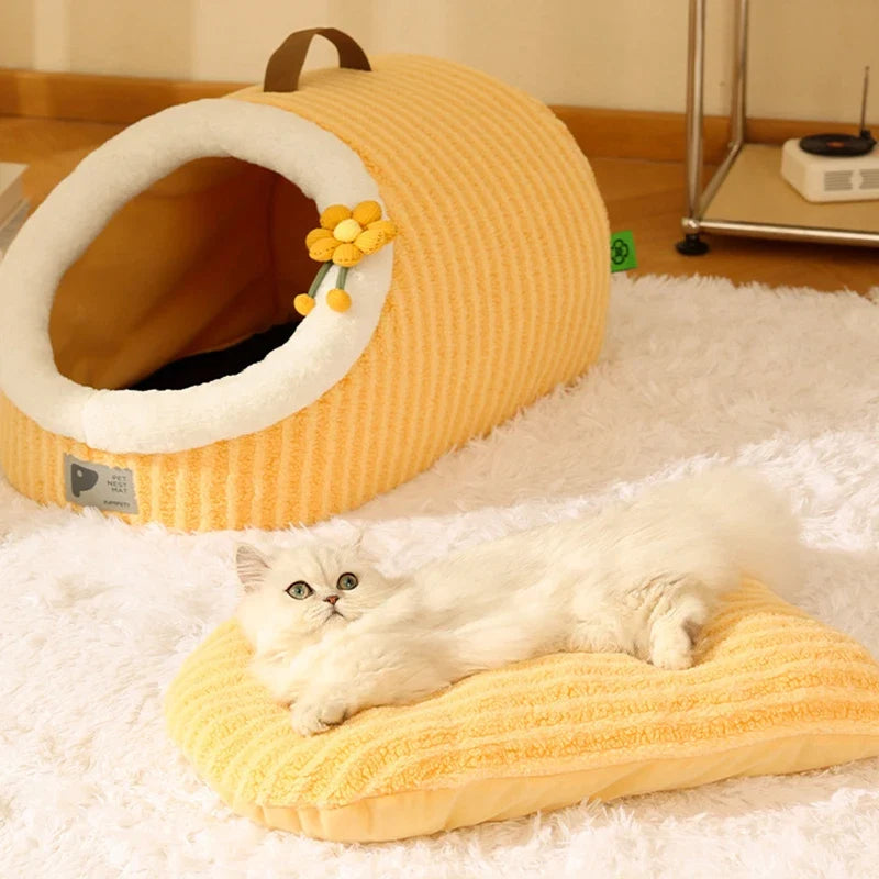 Striped Pet Cave Bed with Removable Cushion – StripeNest™