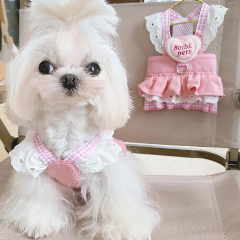 Pink Ruffled Pet Dress with Built-In Collar, Breathable Lining – Frillow™