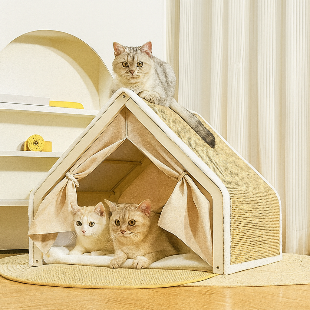 Pet House with Sisal Scratcher, Wood & Linen – NestClaw™