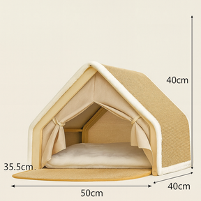 Pet House with Sisal Scratcher, Wood & Linen – NestClaw™