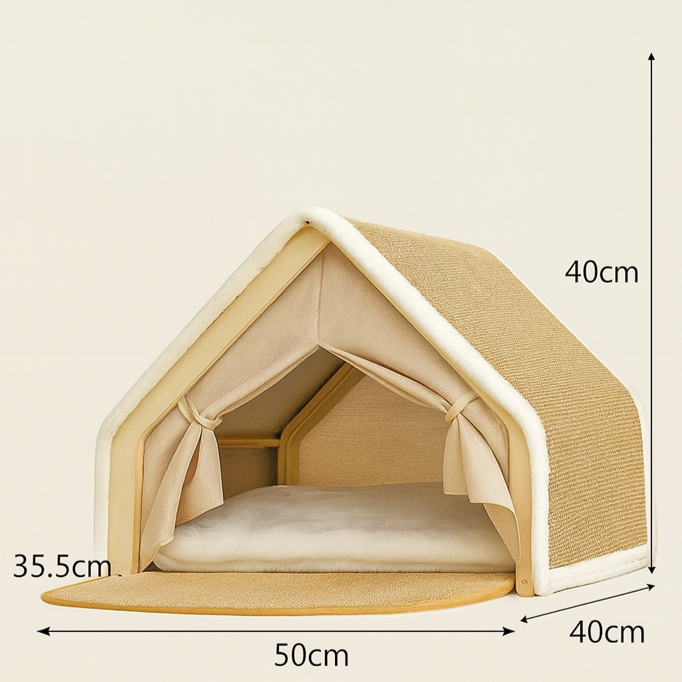 Pet House with Sisal Scratcher, Wood & Linen – NestClaw™