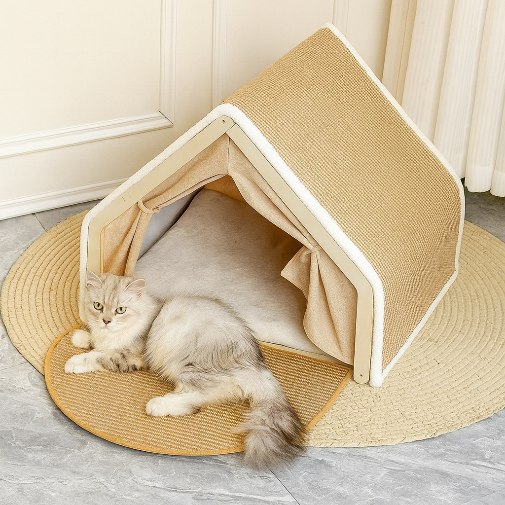 Pet House with Sisal Scratcher, Wood & Linen – NestClaw™