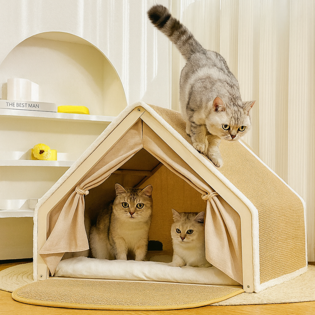 Pet House with Sisal Scratcher, Wood & Linen – NestClaw™