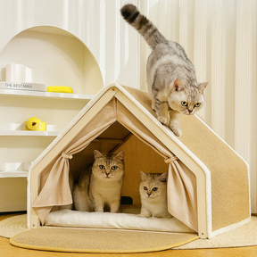 Pet House with Sisal Scratcher, Wood & Linen – NestClaw™