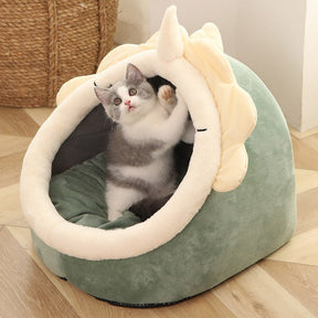 Cave Pet Bed with Hanging Ball Toy – Wool & Cotton Animal Shapes – NestNook™