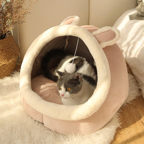 Cave Pet Bed with Hanging Ball Toy – Wool & Cotton Animal Shapes – NestNook™