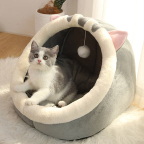 Cave Pet Bed with Hanging Ball Toy – Wool & Cotton Animal Shapes – NestNook™