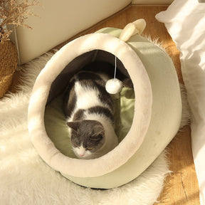Cave Pet Bed with Hanging Ball Toy – Wool & Cotton Animal Shapes – NestNook™