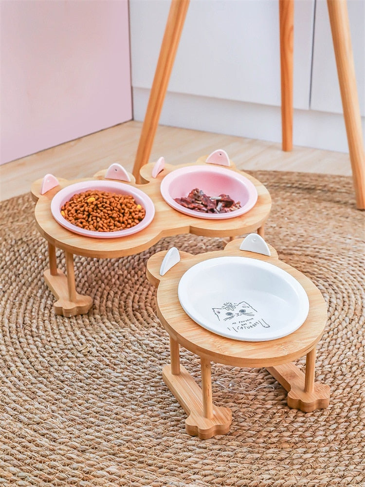 Elevated Ceramic Cat Bowl with Bamboo Stand – Whisko™