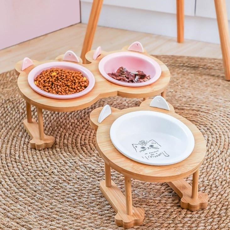 Elevated Ceramic Cat Bowl with Bamboo Stand – Whisko™
