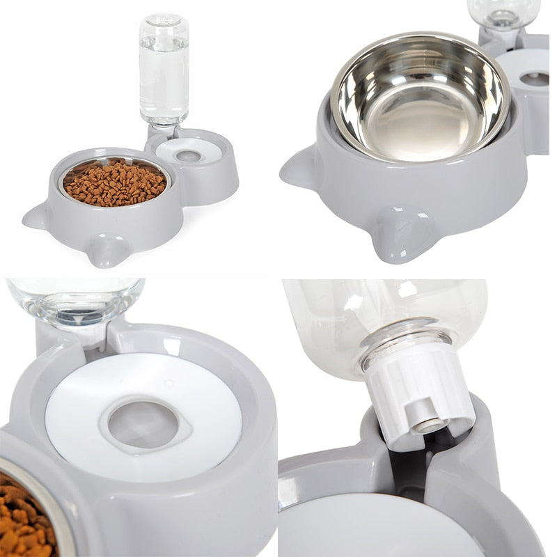 Double Cat Bowl with Attachable Water Bottle Reservoir – Kittly™