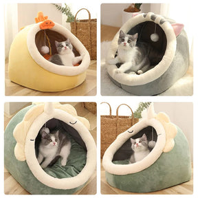 Cave Pet Bed with Hanging Ball Toy – Wool & Cotton Animal Shapes – NestNook™