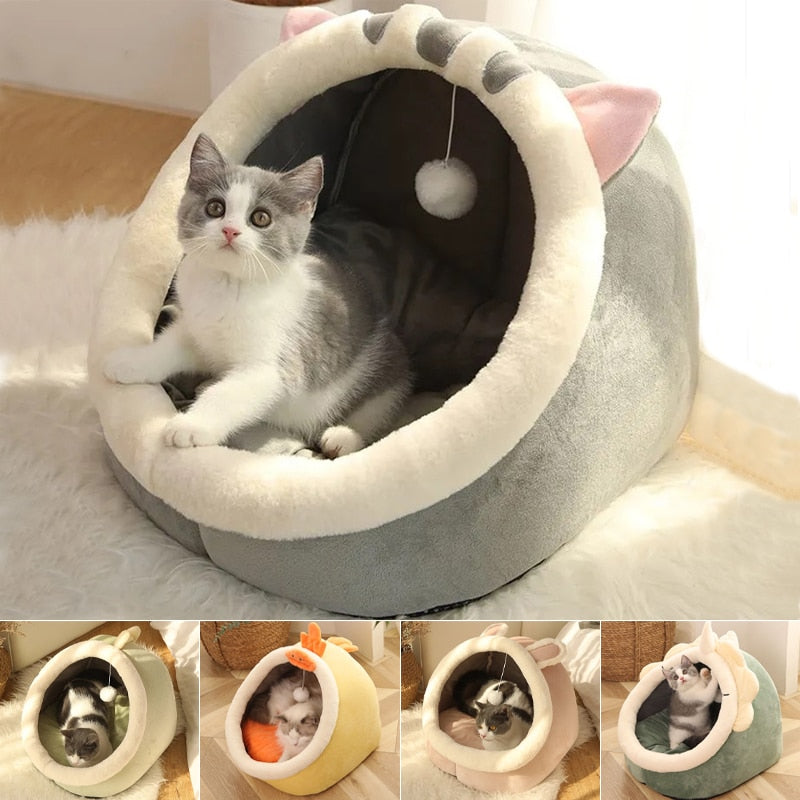 Cave Pet Bed with Hanging Ball Toy – Wool & Cotton Animal Shapes – NestNook™