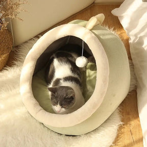 Cave Pet Bed with Hanging Ball Toy – Wool & Cotton Animal Shapes – NestNook™