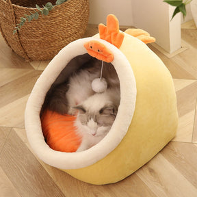 Cave Pet Bed with Hanging Ball Toy – Wool & Cotton Animal Shapes – NestNook™