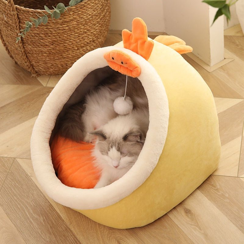 Cave Pet Bed with Hanging Ball Toy – Wool & Cotton Animal Shapes – NestNook™