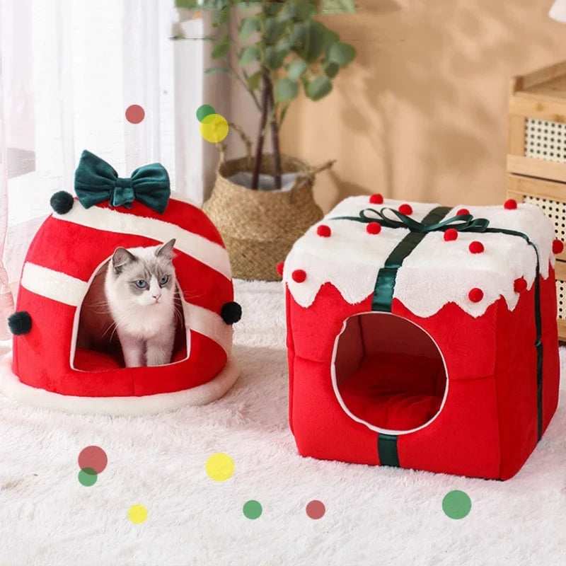 Gift-Shaped Pet Cave Bed with Arctic Velvet & PP Cotton – GiftNest™