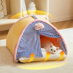 Pet Tent Cave Bed with Double Curtain & Reversible Mat – CloudNook™