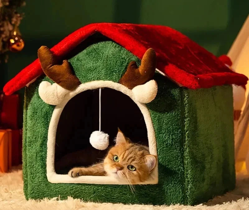 Reindeer Pet House Bed in Coral Velvet – DeerNest™