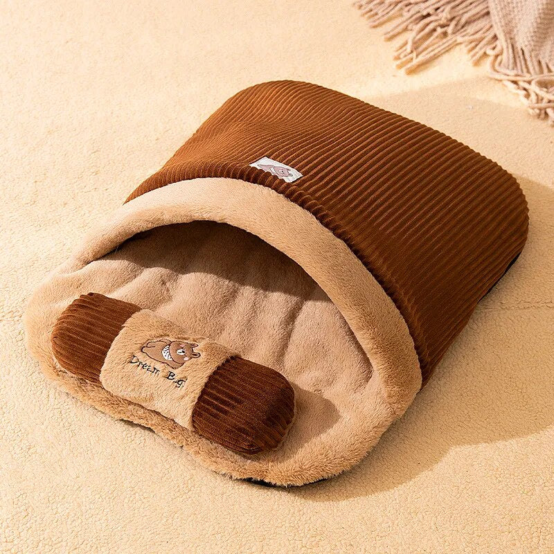 Velvet Sleeping Bag Pet Bed with Pillow for Dogs & Cats – SnugNest™