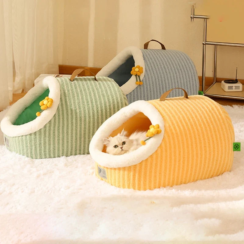 Striped Pet Cave Bed with Removable Cushion – StripeNest™