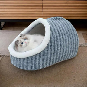 Non-Slip Pet Cave Bed with Removable Cushion & Patterned Design – NookJoy™