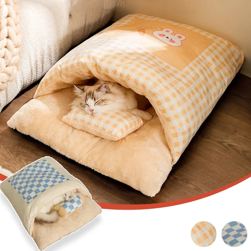 Plush Cave Sleeping Bag Pet Bed with Pillow for Dogs & Cats – Burrowly™
