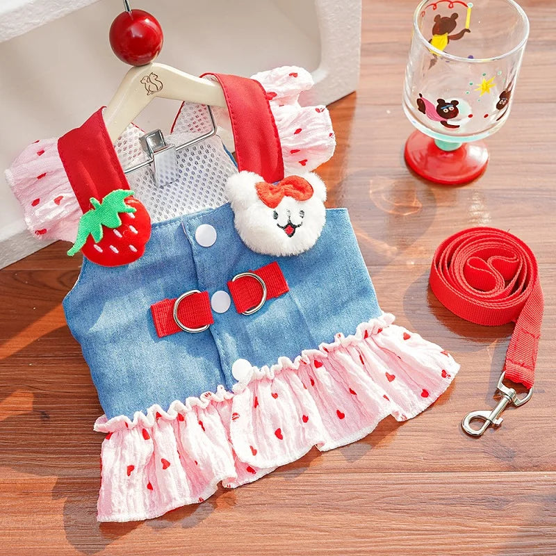 Strawberry Print Dog Dress with Collar & Leash Set – Strawbell™