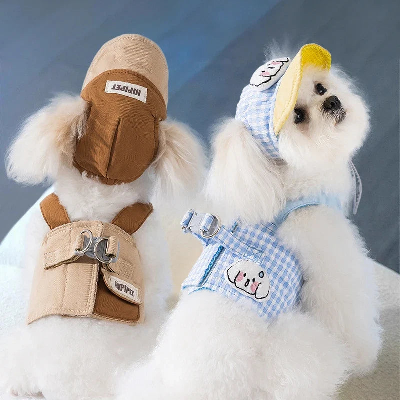 Dog Harness, Leash & Adjustable Hat Set in Blue or Brown – Quenby™
