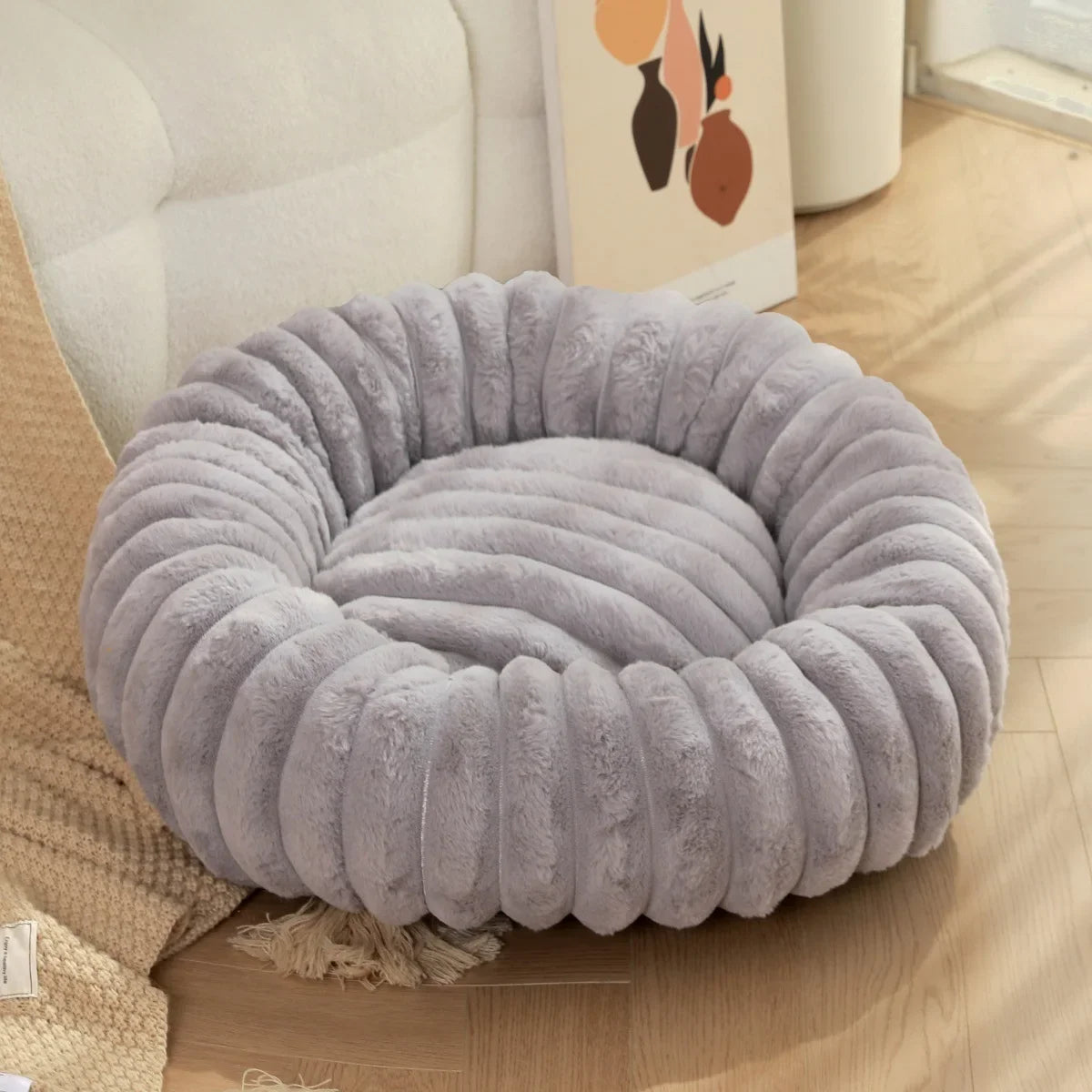 Plush Round Pet Bed with Honeycomb Texture – HoneyPuff™