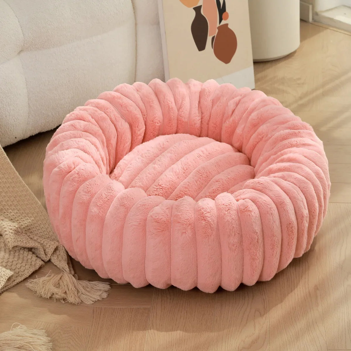 Plush Round Pet Bed with Honeycomb Texture – HoneyPuff™