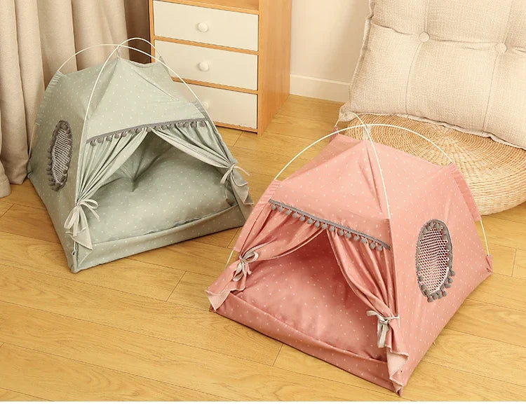Polka Dot Pet Tent Bed with Lace Window – WhimsyNook™