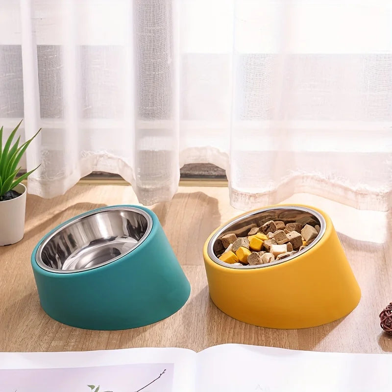 Tilted Pet Bowl with Plastic & Stainless Steel Design – Slantie™
