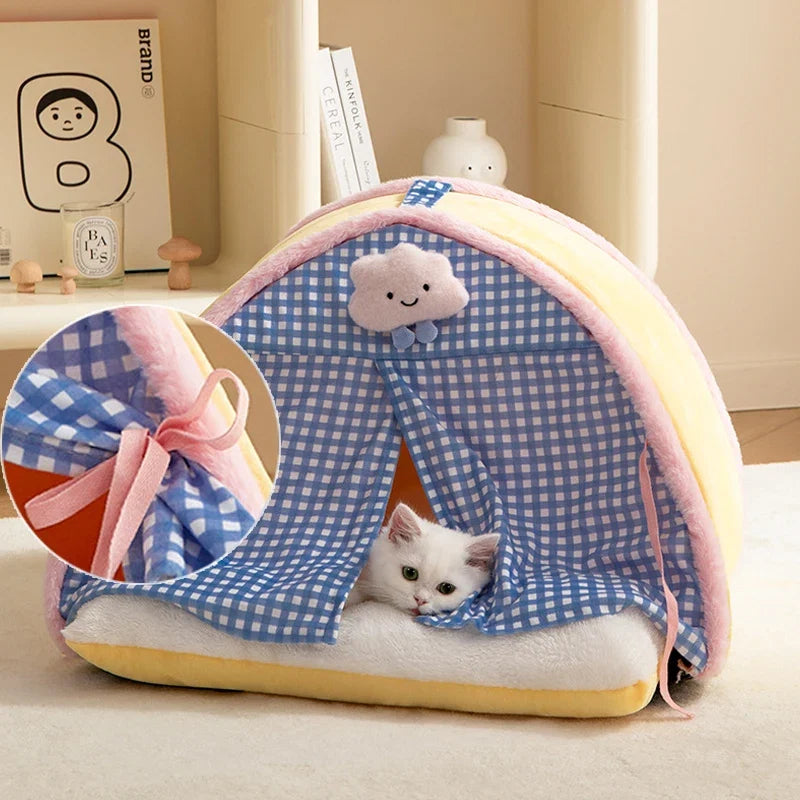Pet Tent Cave Bed with Double Curtain & Reversible Mat – CloudNook™