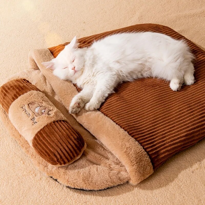 Velvet Sleeping Bag Pet Bed with Pillow for Dogs & Cats – SnugNest™