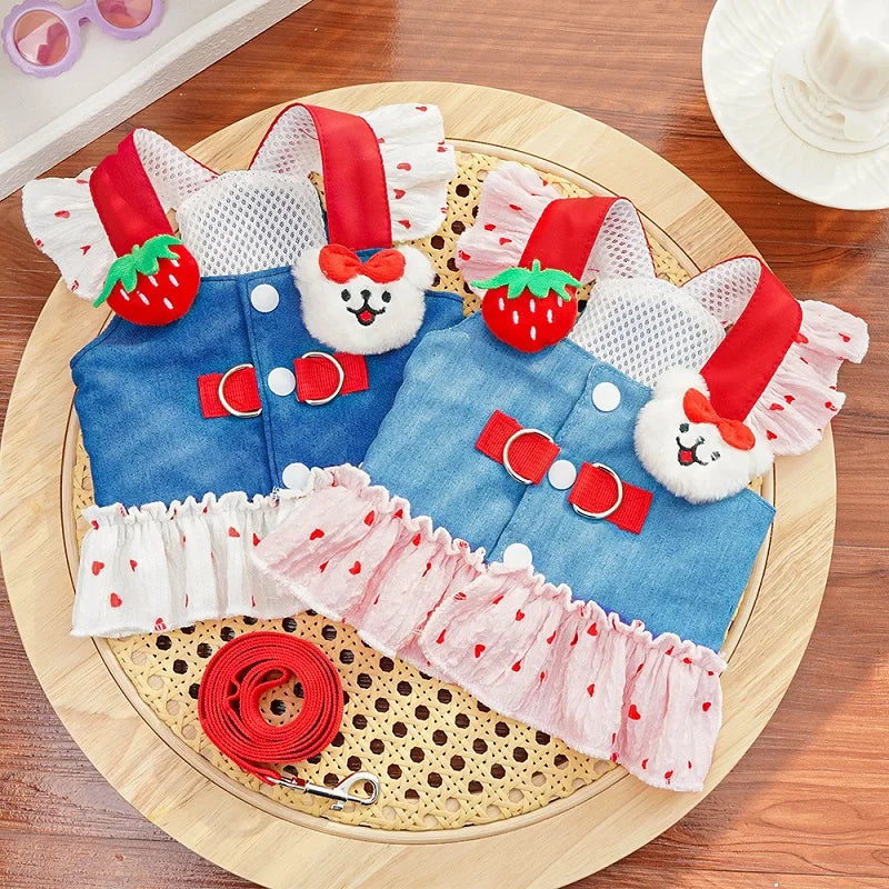Strawberry Print Dog Dress with Collar & Leash Set – Strawbell™