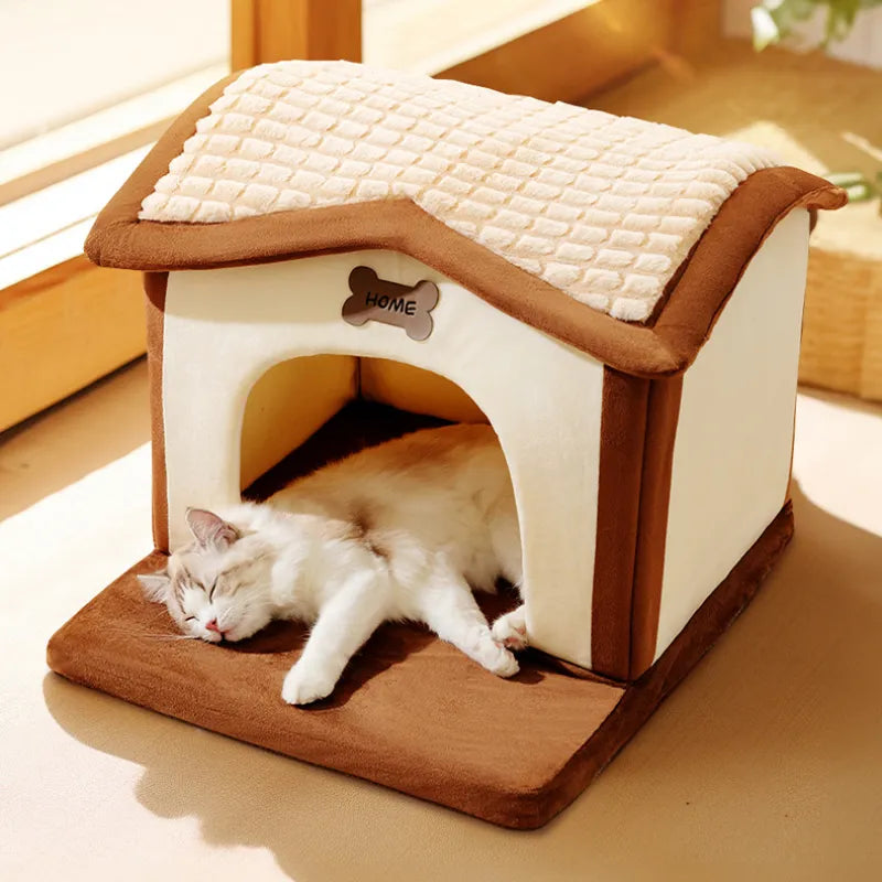 Pet House Bed with Collapsible Design – Cotton & Velvet – NestHaven™