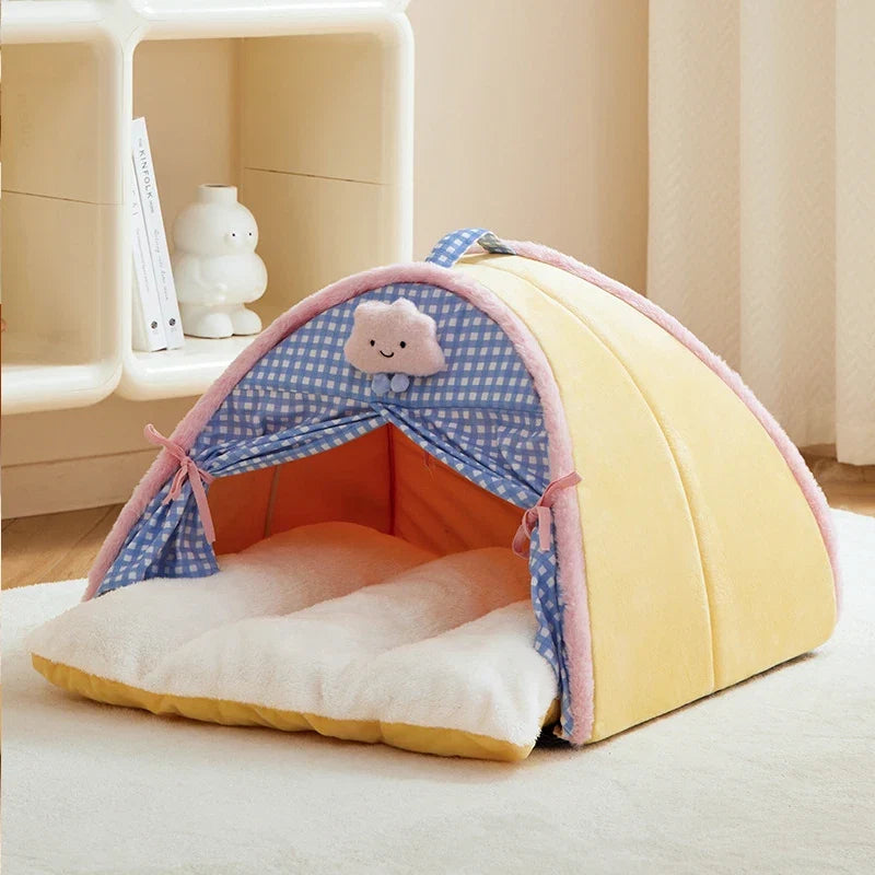 Pet Tent Cave Bed with Double Curtain & Reversible Mat – CloudNook™