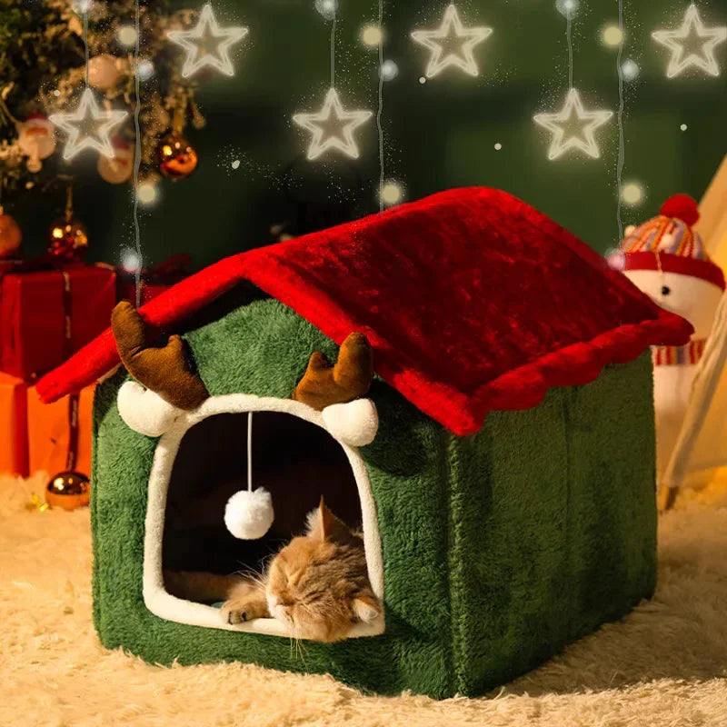 Reindeer Pet House Bed in Coral Velvet – DeerNest™